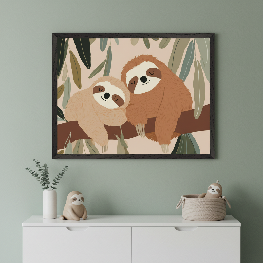 Framed illustration of two smiling sloths cuddled together on a tree branch with soft green and beige leaves in the background. The art hangs above a white dresser decorated with sloth-themed toys and a vase with eucalyptus sprigs.