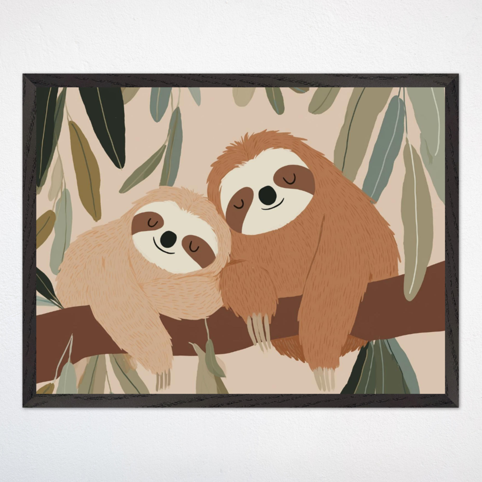 Woodland Sloth Wall Art for Nursery, Playroom or Kids Bedrooms - Forest Animal Duo Resting on Branch - Dozy Duo