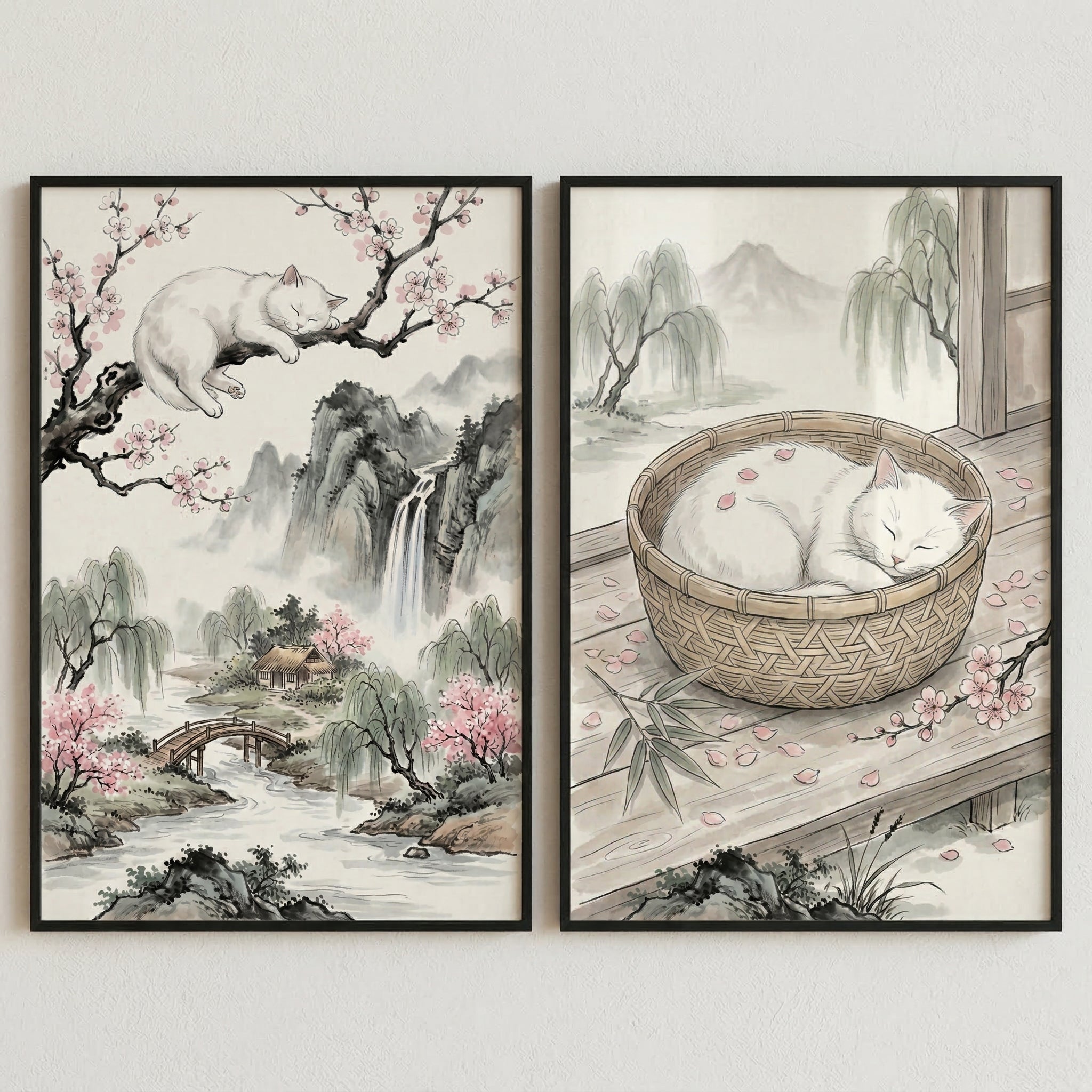 Zen Slumber Cat Wall Art Set of 2 - Serene Blossom Dreams