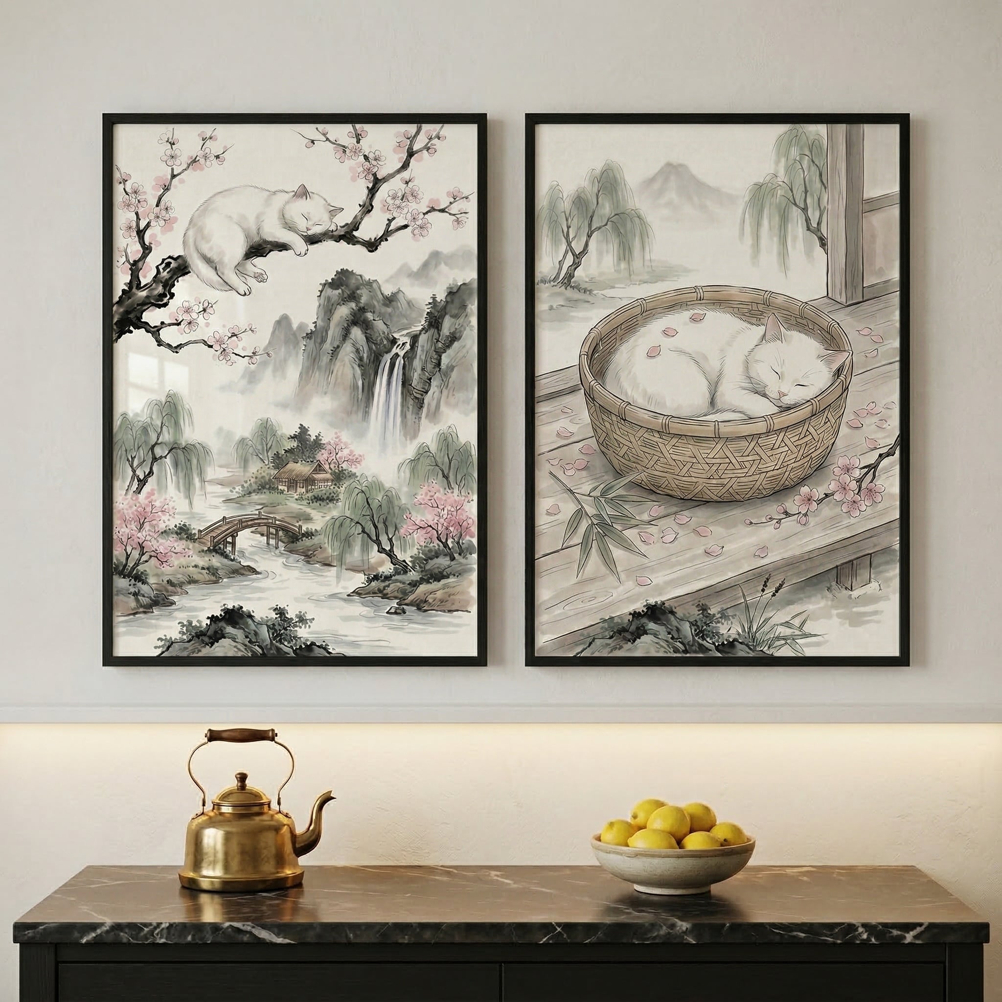 Zen Slumber Cat Wall Art Set of 2 - Serene Blossom Dreams