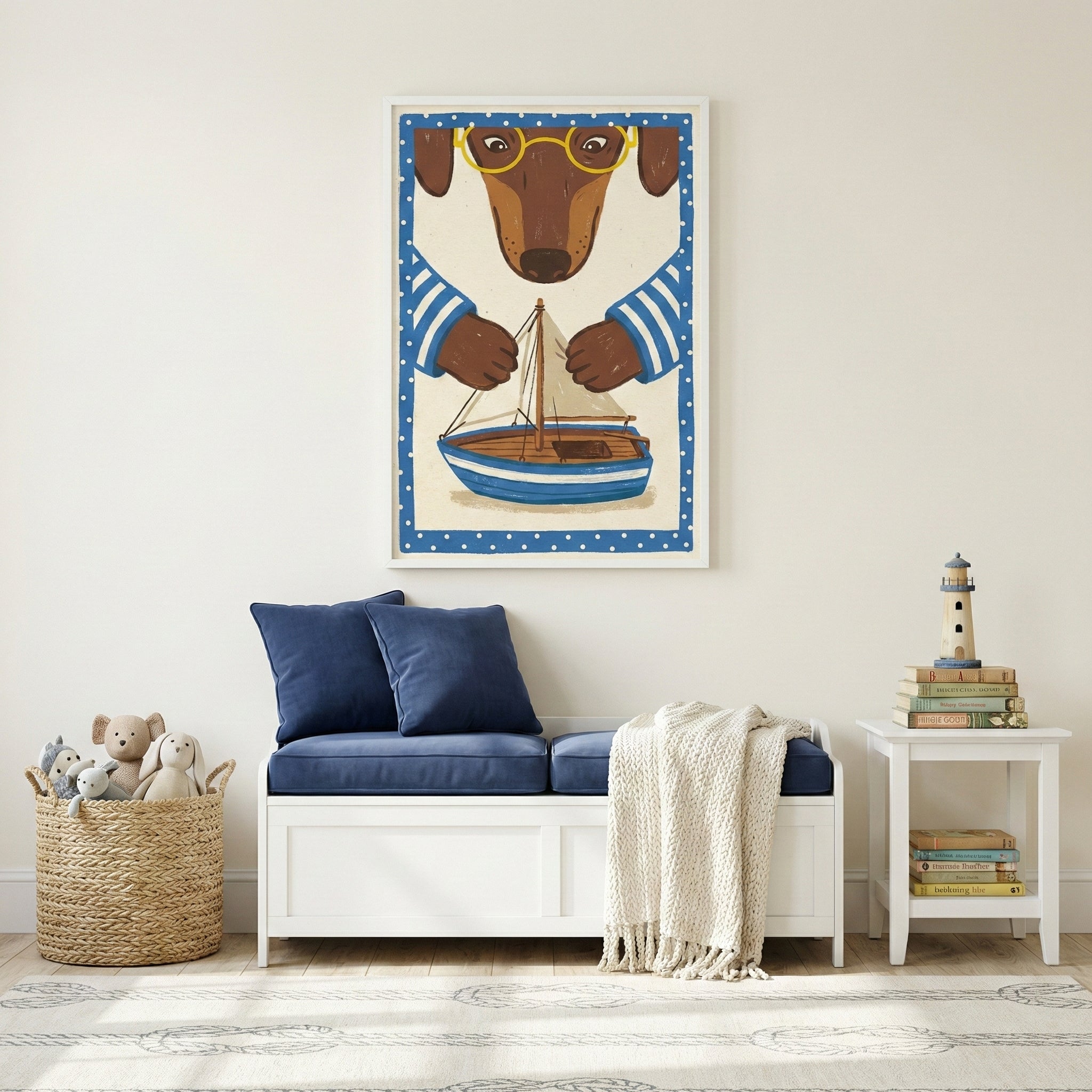 A framed illustration of a cute cartoon dog wearing glasses and a striped shirt, looking down at a small toy boat, is centered on a cream wall. Underneath, a white storage bench features a navy blue cushion and two navy pillows, with a thick-knit cream throw blanket draped on its right side. To the left, a natural-colored woven basket holds several plush toys. To the right, a white side table displays a stack of books topped with a small lighthouse figurine. The furniture sits on a light-colored rug decorat