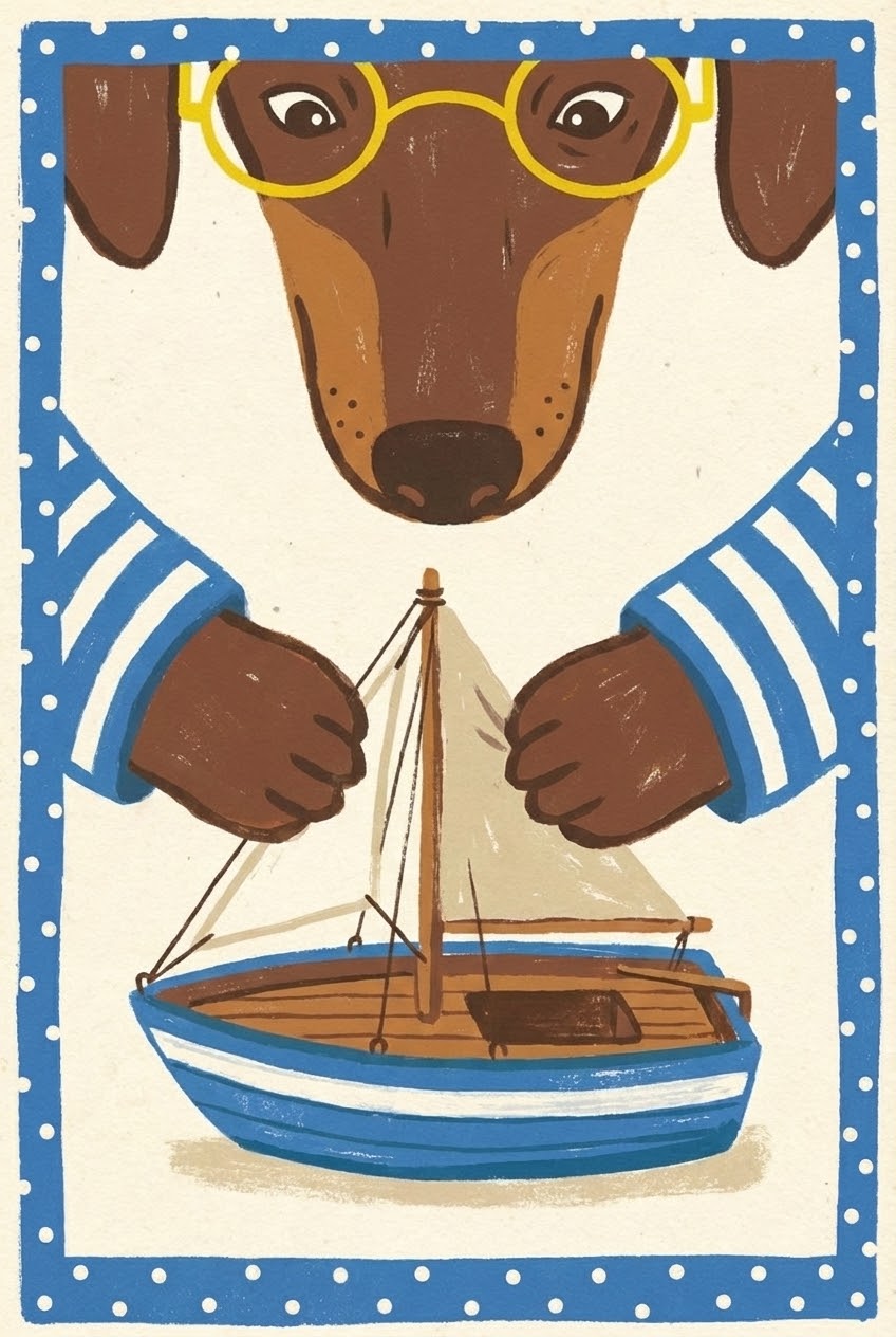 Close‑up of a dachshund in a striped shirt and glasses crafting a small blue and white sailboat, framed by a blue polka dot border.