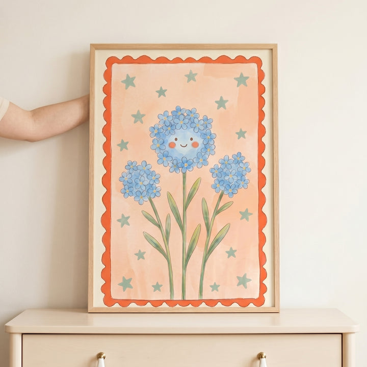 Smiley face blue flower wall art with green stars and a scalloped orange border, framed in wood above a dresser.