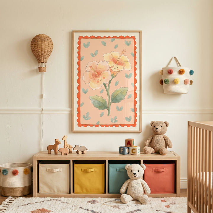 Smiley face yellow hibiscus flower wall art hangs in a nursery above a wooden shelf with colorful bins and teddy bears.