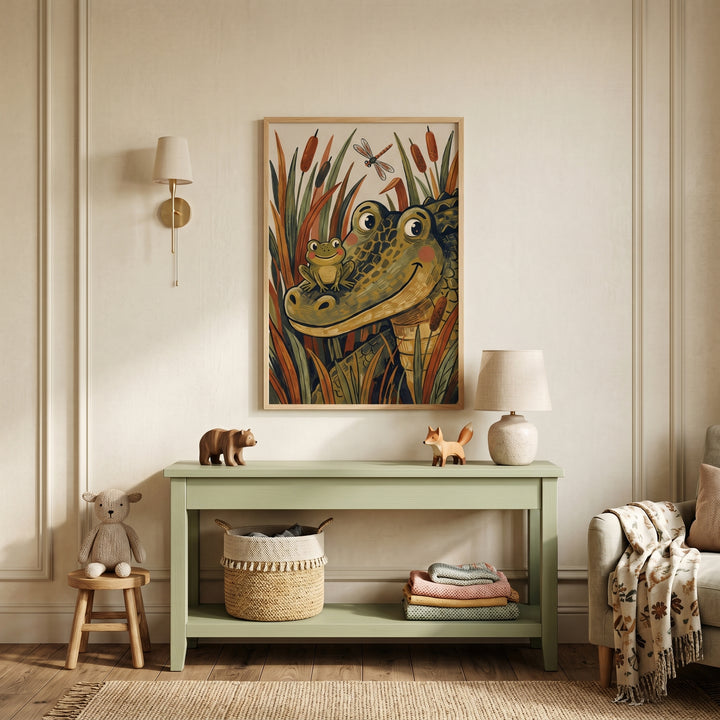 Smiley frog snout alligator animals wall art hangs over a green table with figurines, a lamp, a basket, and a plush lamb.