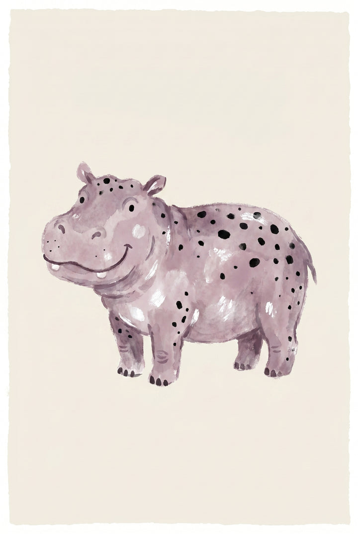 Smiling black spotted hippo artwork in a purple watercolor style on a light cream background.