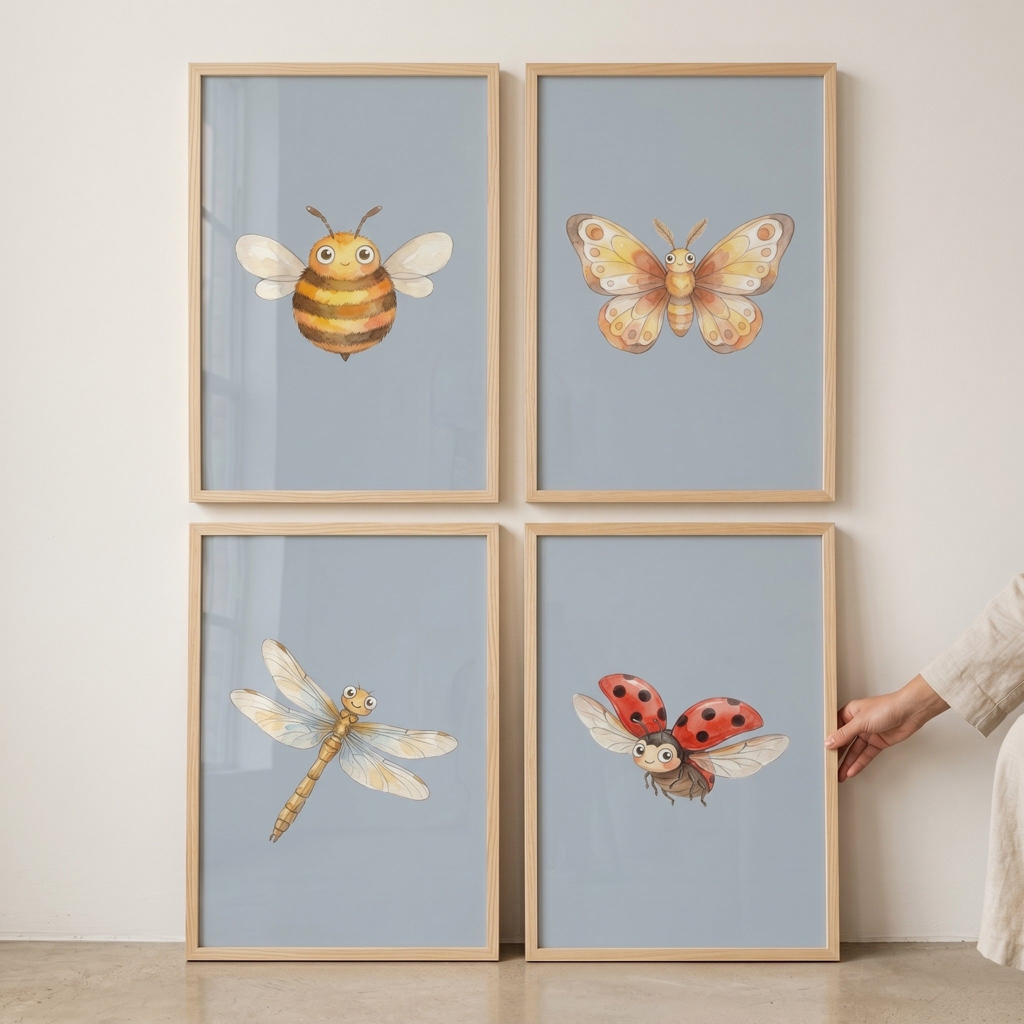 Smiling Blue Watercolor Insect Wall Art Set of 4 - Tiny Winged Friends