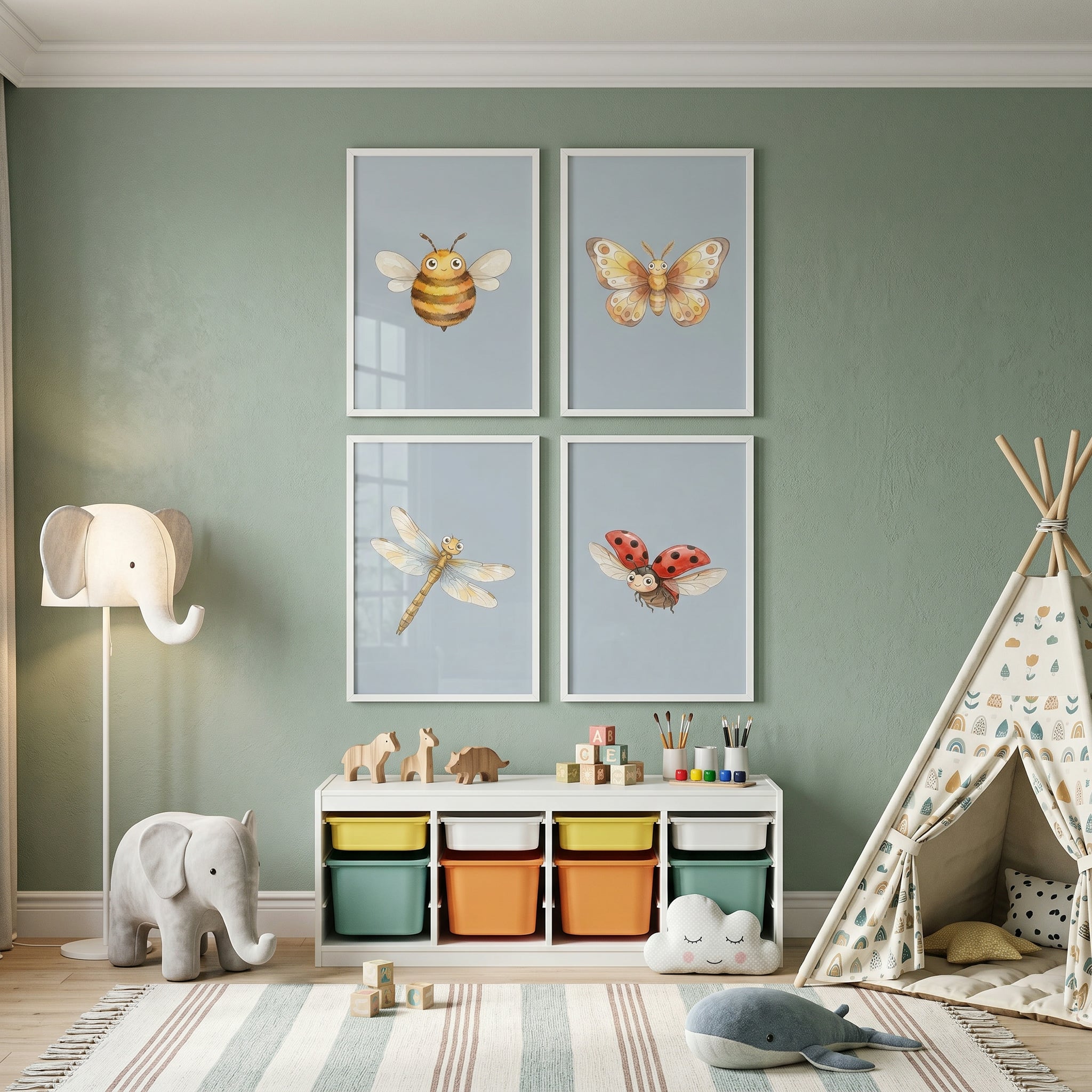 Smiling Blue Watercolor Insect Wall Art Set of 4 - Tiny Winged Friends