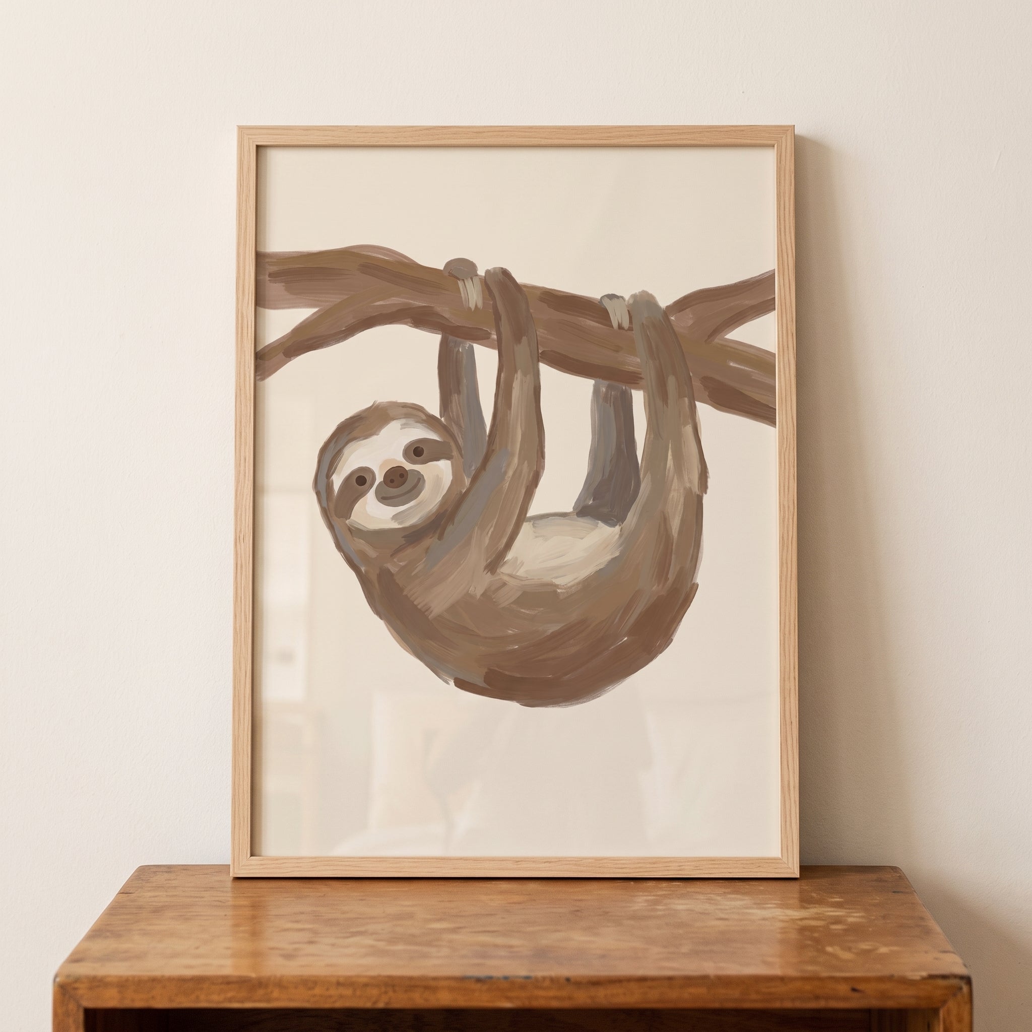 Smiling Brown Baby Sloth Wall Art - Lazy Hanging Sloth