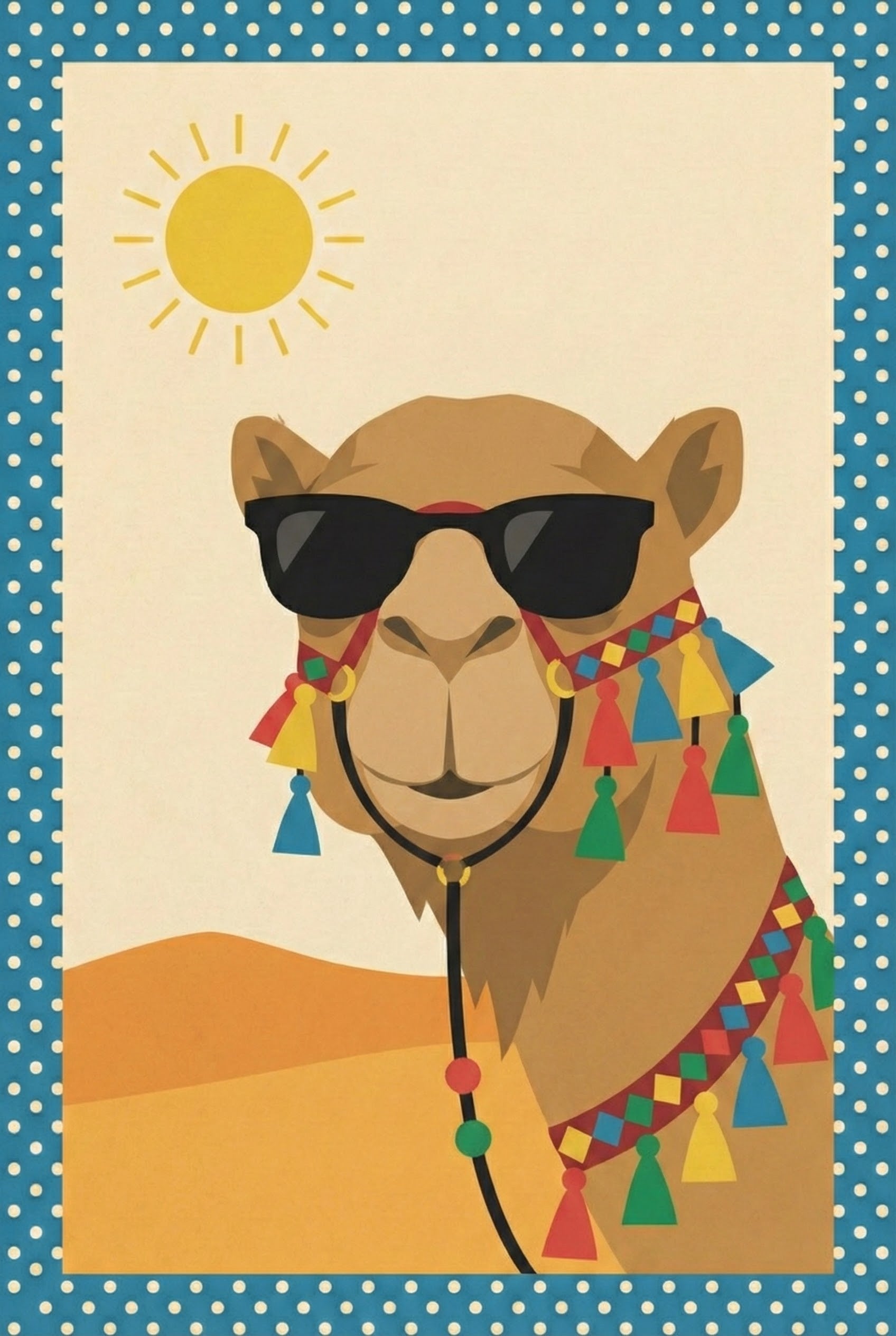 A smiling camel wearing dark sunglasses and colorful tassels on its bridle stands in the desert with sand dunes and a sunny sky in the background.