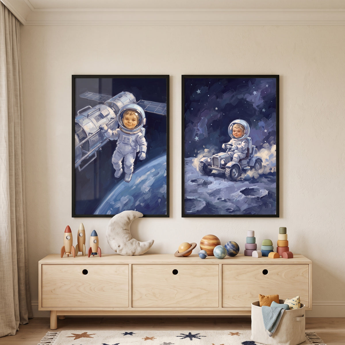 Smiling Celestial Baby Astronaut Wall Art Set of 2 - Young Astronaut Dreams