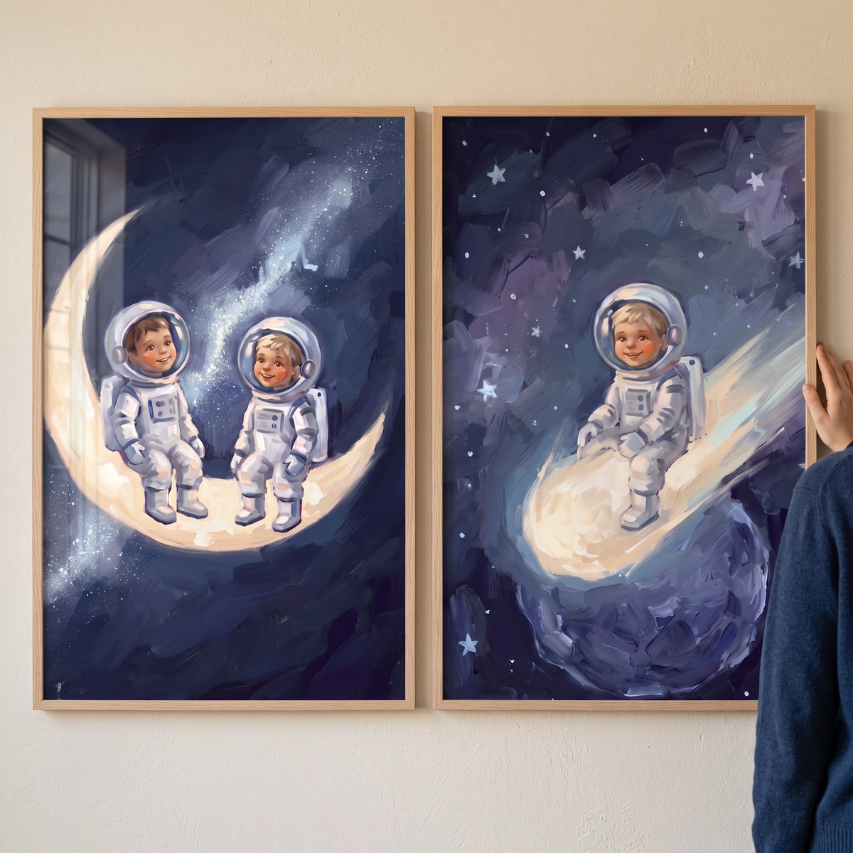 Smiling Cosmic Baby Astronaut Wall Art Set of 2 - Celestial Dreamers