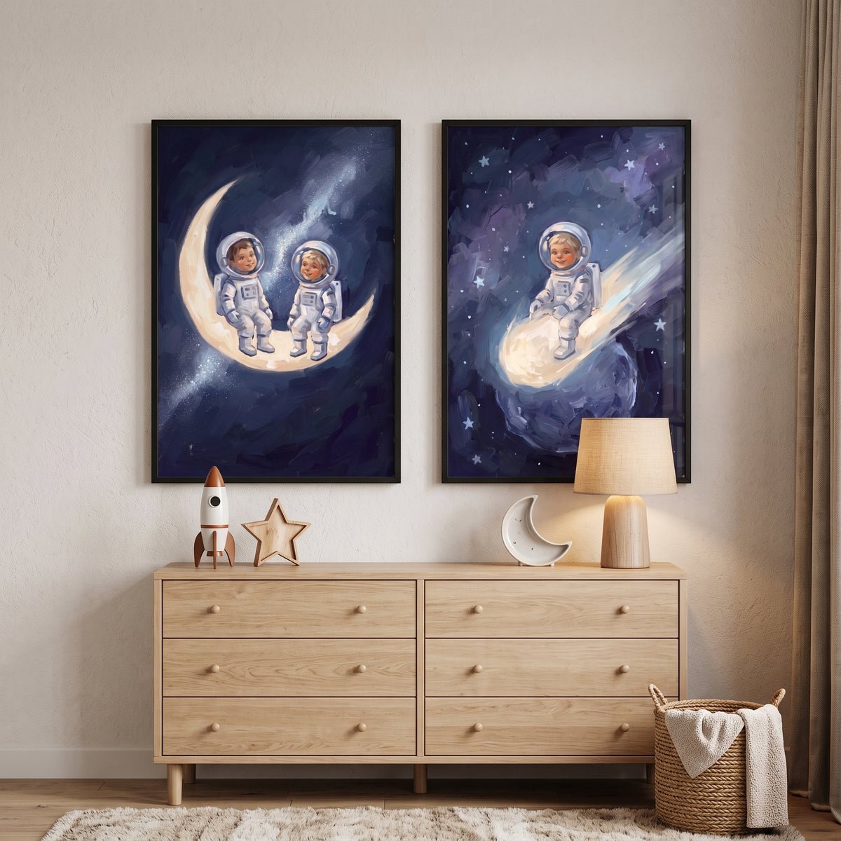 Smiling Cosmic Baby Astronaut Wall Art Set of 2 - Celestial Dreamers