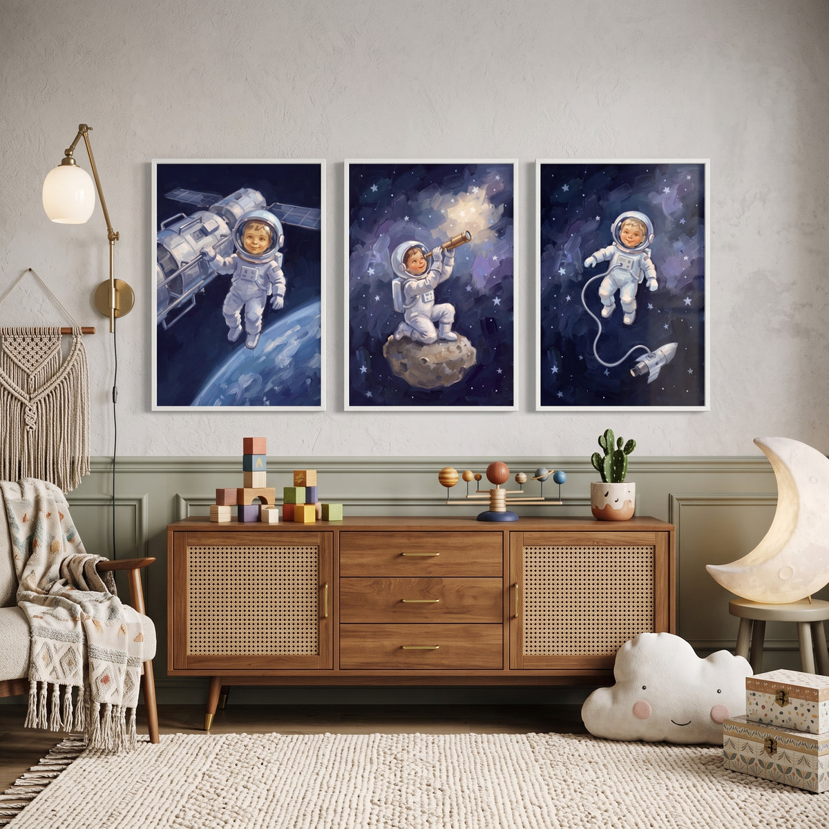 Smiling Face Baby Astronaut Wall Art Set of 3 - Little Space Explorer