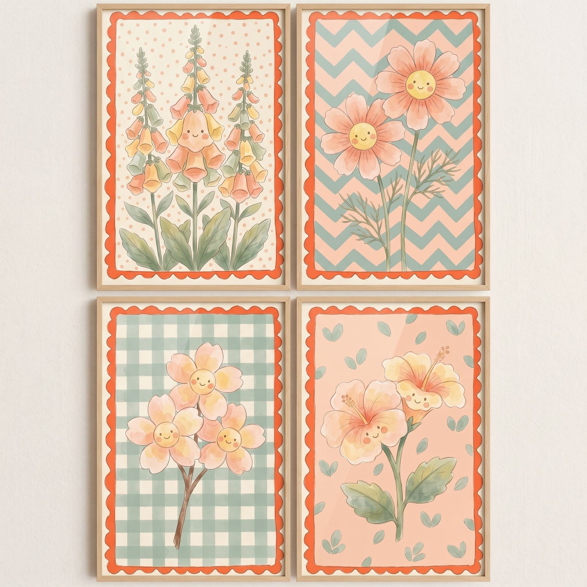 Smiling Flower Wall Art Set of 4 - Happy Garden Blooms