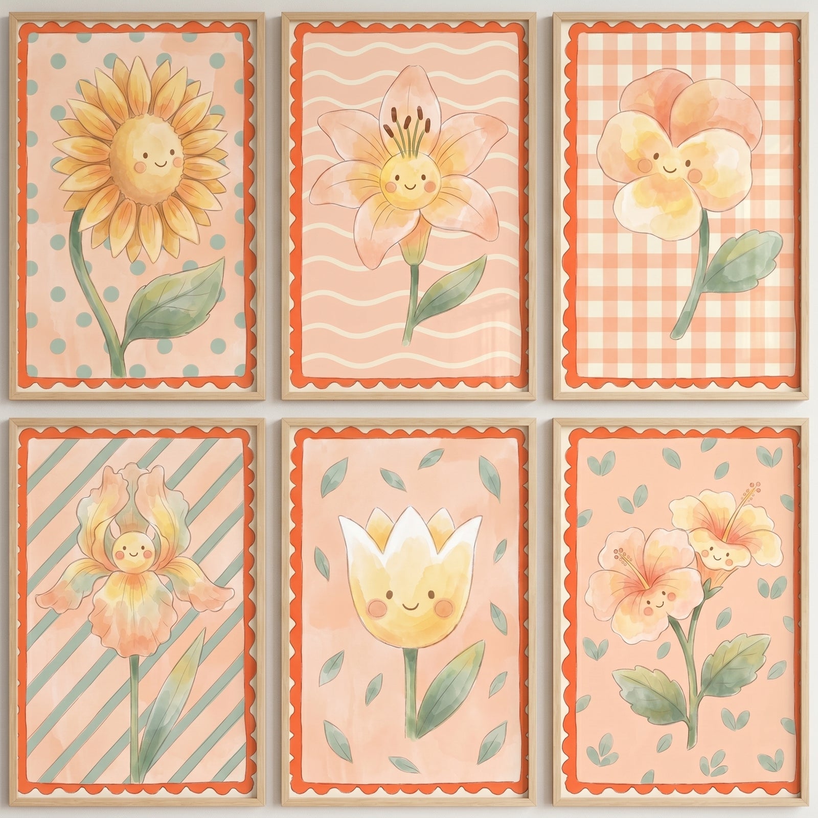 Smiling happy flower wall art set of 6 features watercolor floral characters on pastel backgrounds in light wood frames.