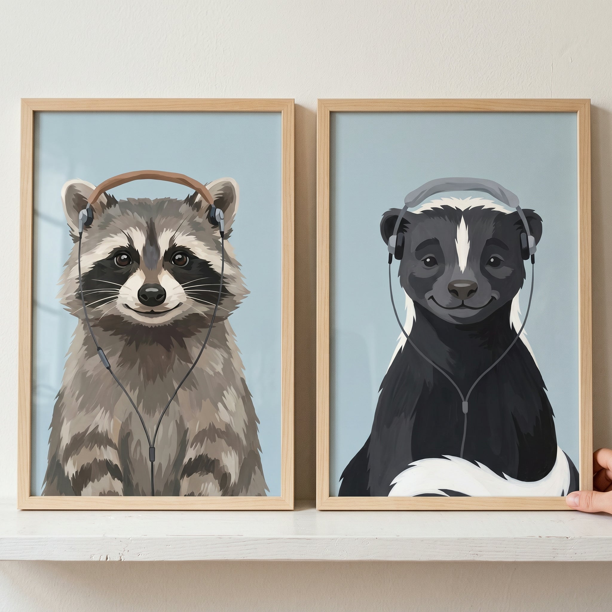 Smiling Headphone Woodland Animal Wall Art Set of 2 - Musical Woodland Critters