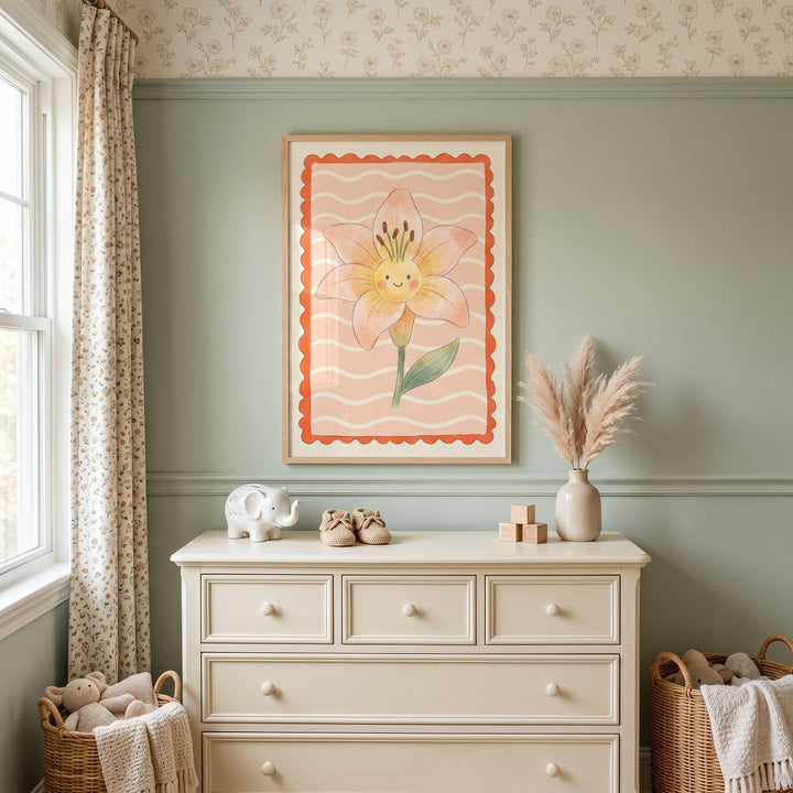 Smiling peach lily flower wall art hangs above a cream dresser in a nursery with sage green walls and woven baskets.