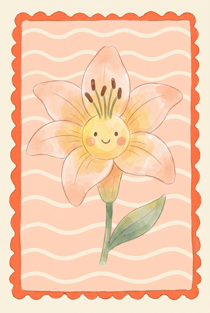 Watercolor smiling peach lily flower wall art with a cute face, scalloped orange border, and wavy background.