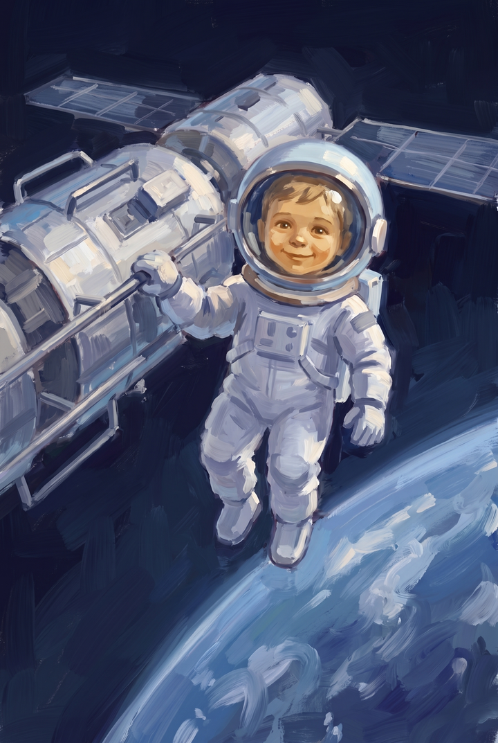 Smiling space station astronaut wall art of a happy child in a spacesuit floating above Earth near a spacecraft.