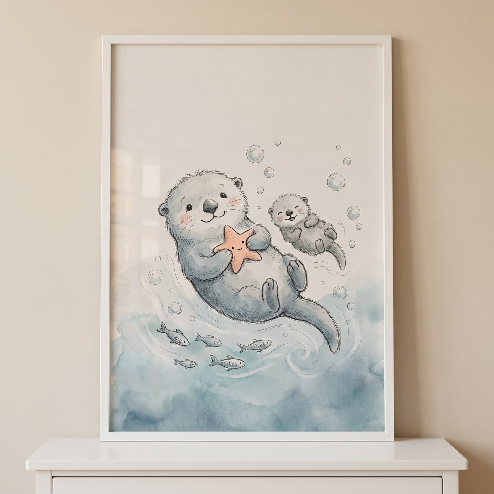 Watercolor smiling starfish holding otter wall art depicts two happy otters floating among bubbles and small fish.