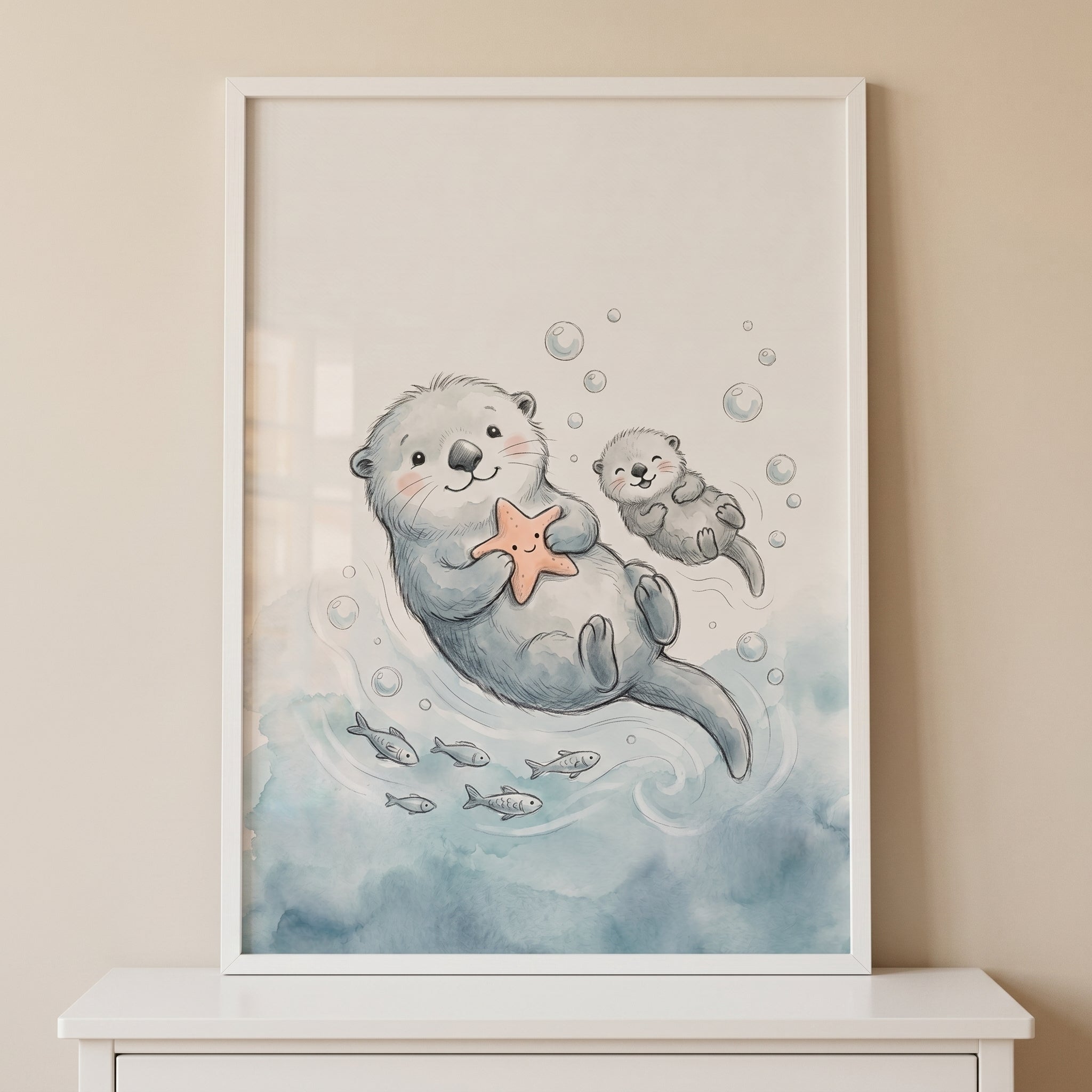 Smiling Starfish Holding Otter Wall Art - Floating Sea Friends