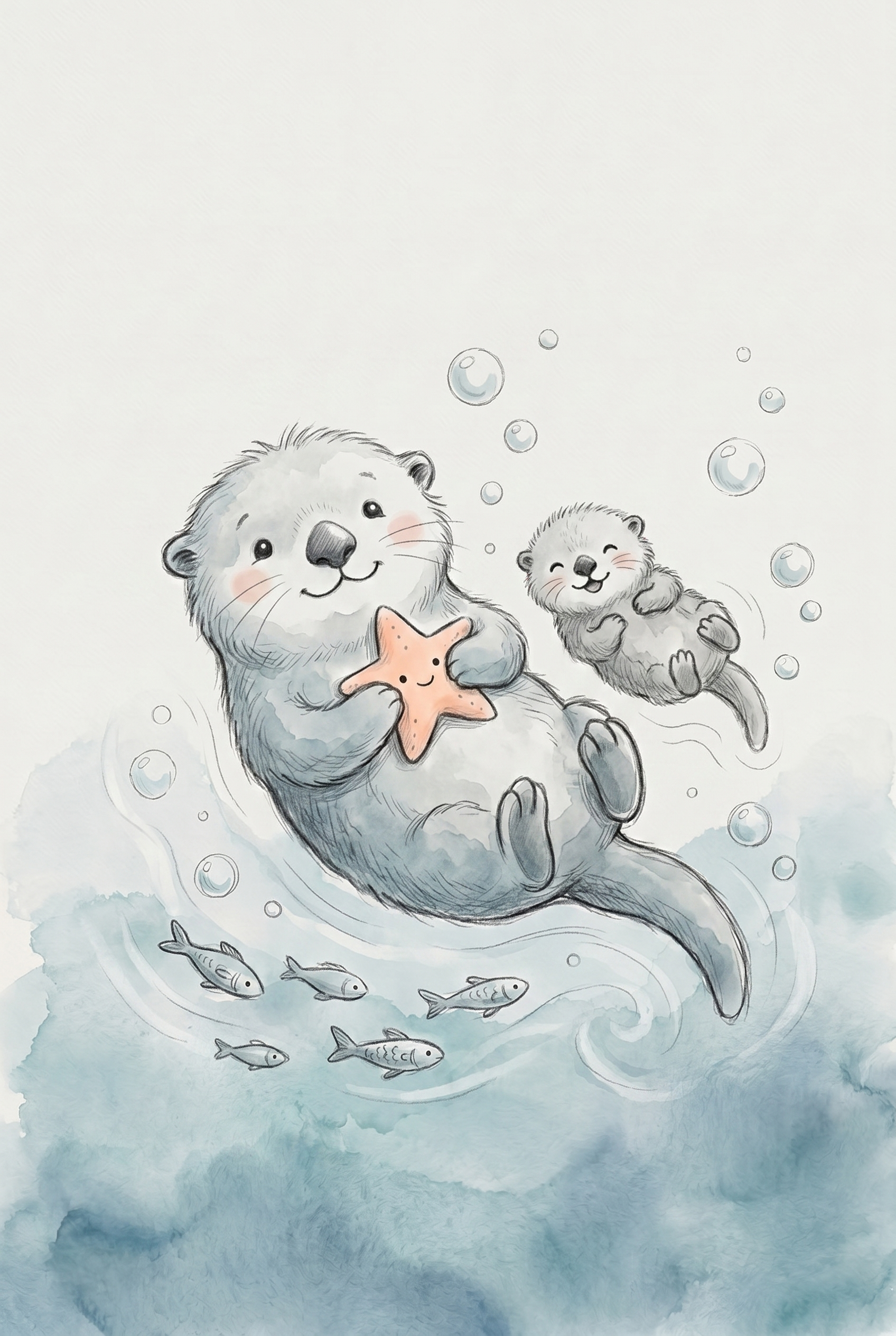 Smiling Starfish Holding Otter Wall Art - Floating Sea Friends
