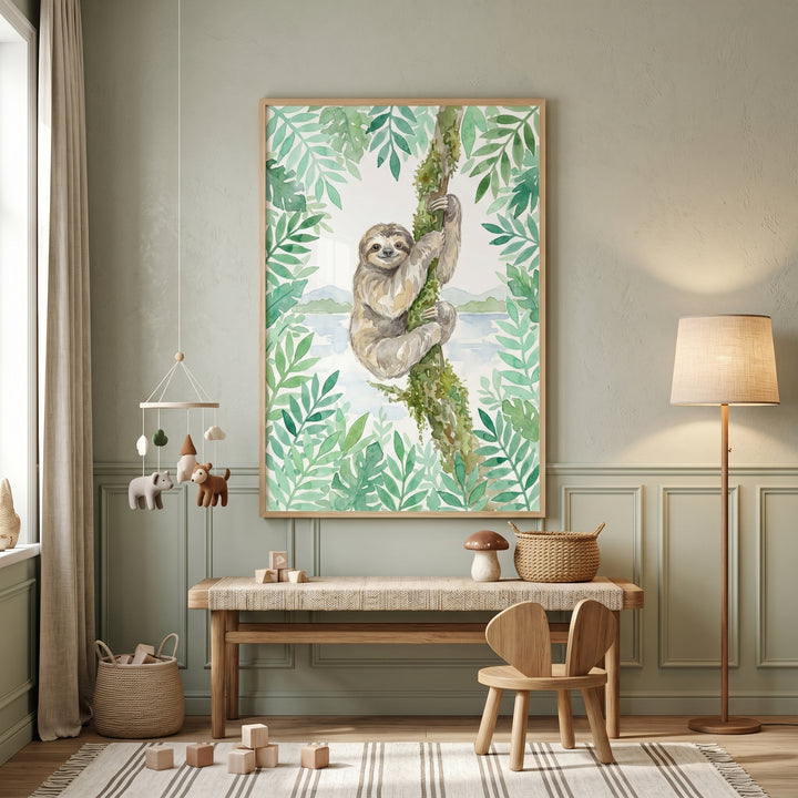 Sage green nursery with smiling tree climbing sloth wall art, a wooden bench, and a rabbit-ear chair on a striped rug.