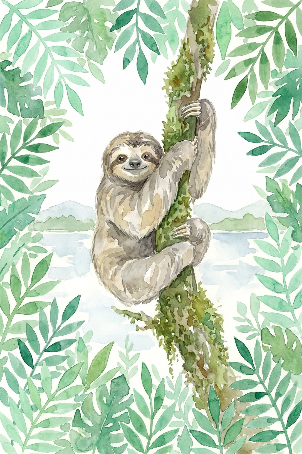 Smiling Tree Climbing Sloth Wall Art - Tropical Sloth Serenity