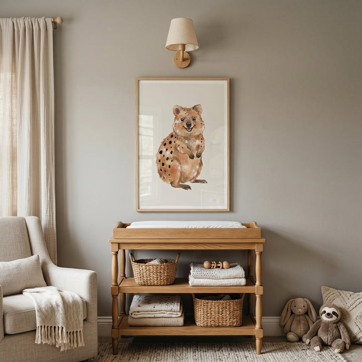 Neutral nursery with a wooden changing table, soft chair, and smiling watercolor brown quokka wall art.