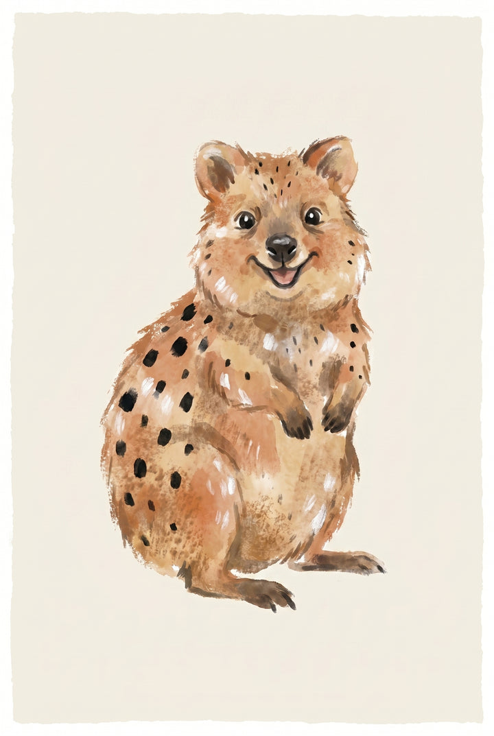 Smiling watercolor brown quokka wall art features a happy spotted animal standing upright on a neutral cream background.