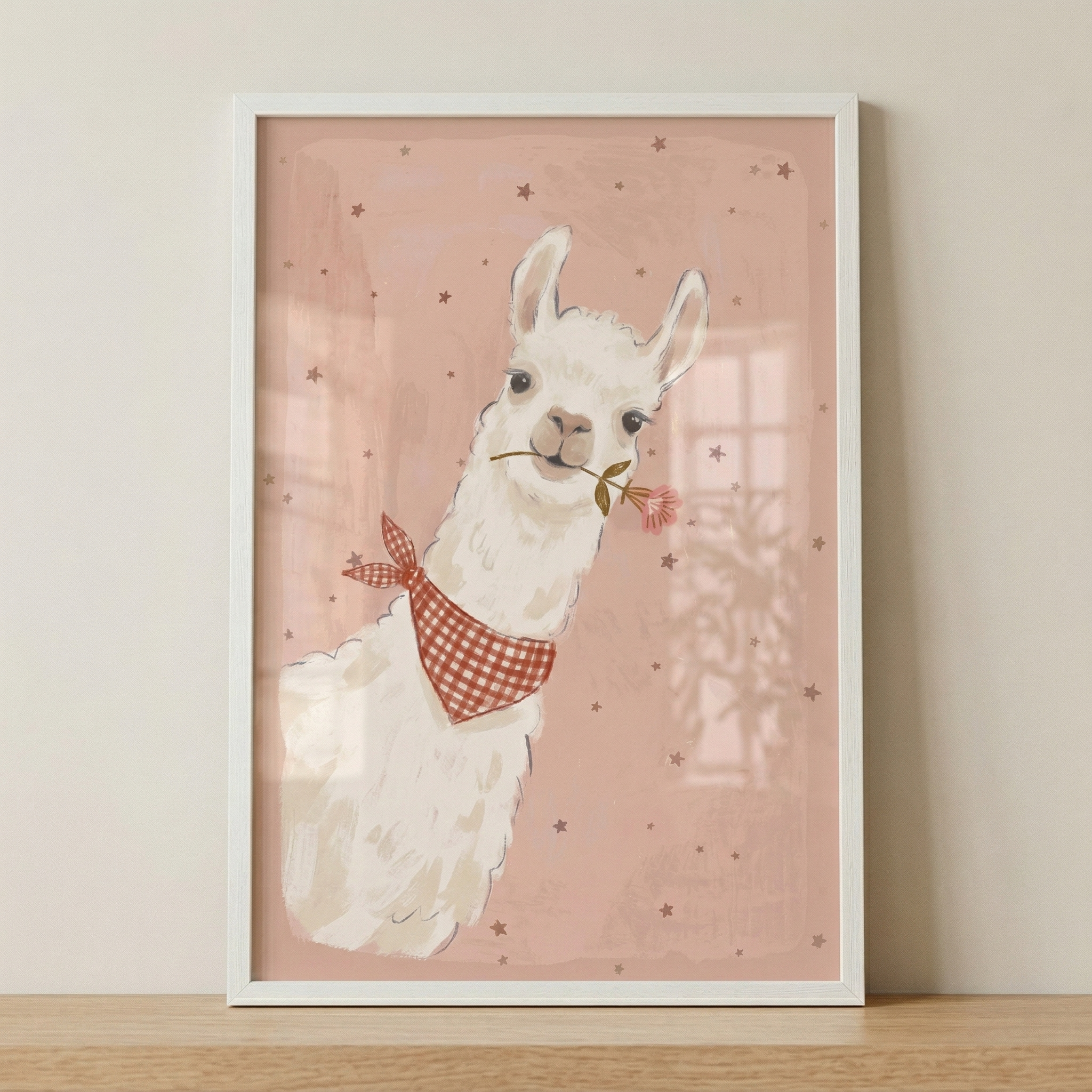 Smiling White Llama Wall Art - Sweet Flower Llama