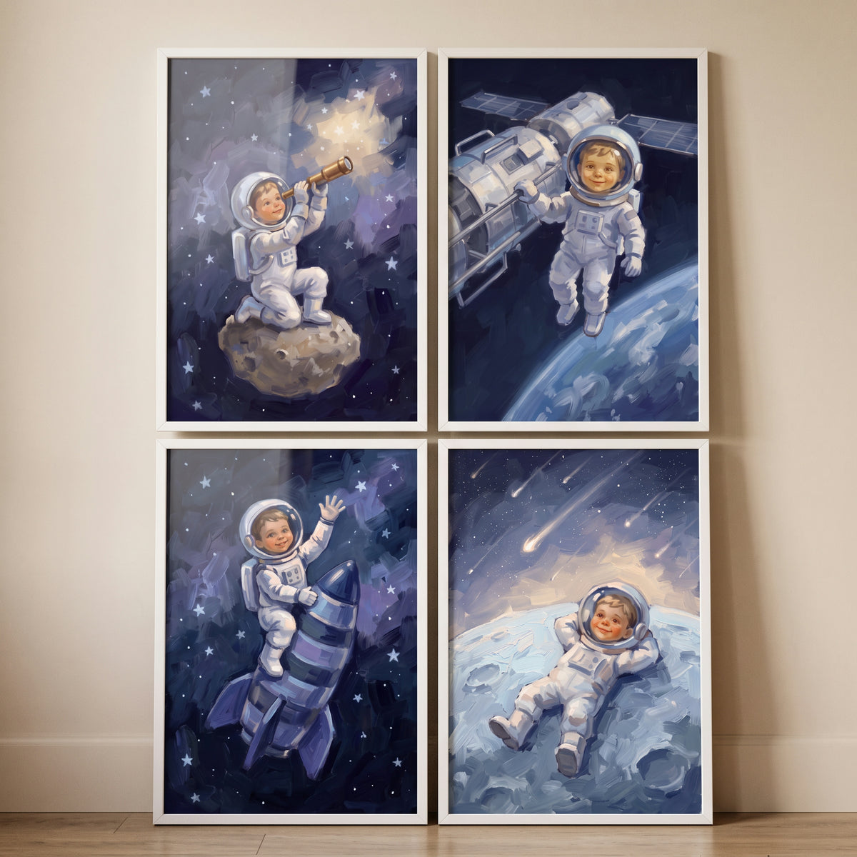 Smiling White Suit Astronaut Wall Art Set of 4 - Young Astronaut Adventures