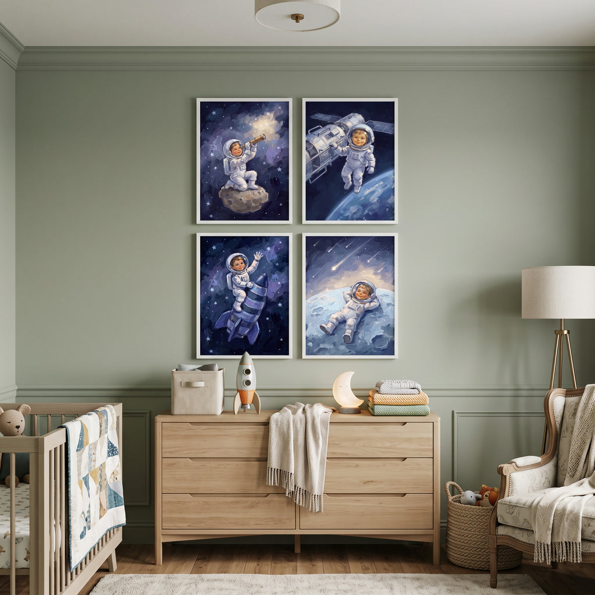 Smiling White Suit Astronaut Wall Art Set of 4 - Young Astronaut Adventures