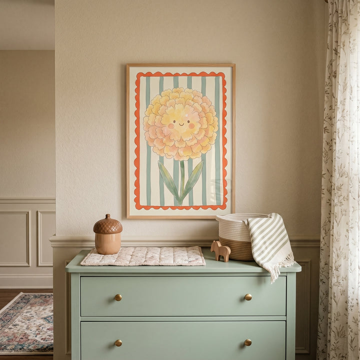 Smiling yellow marigold flower wall art hangs above a light green dresser with an acorn jar and a woven basket.