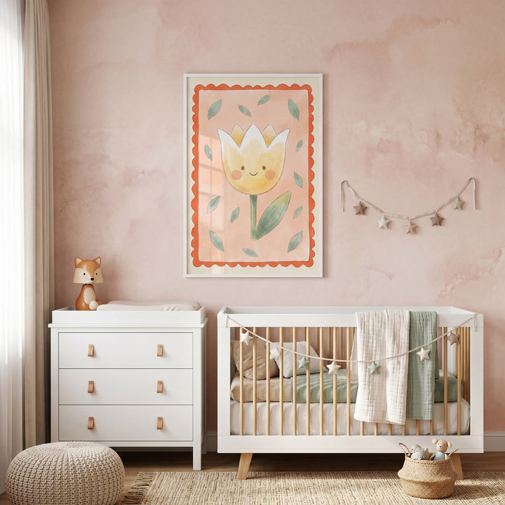 Pink nursery featuring a white crib, dresser, and a framed smiling yellow tulip flower wall art on a textured wall.