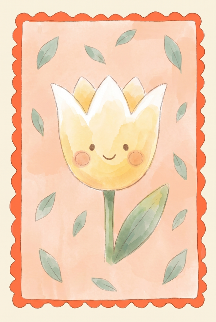 Smiling yellow tulip flower wall art with green leaves and a scalloped orange border on a peach background.