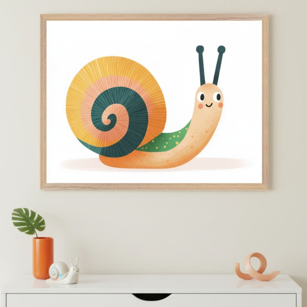 Modern kid's room with a white dresser. A light wood framed print of a smiling, cartoon-style snail with a colorful spiral shell hangs above the dresser. A leaf in an orange vase and snail figures are on the dresser.