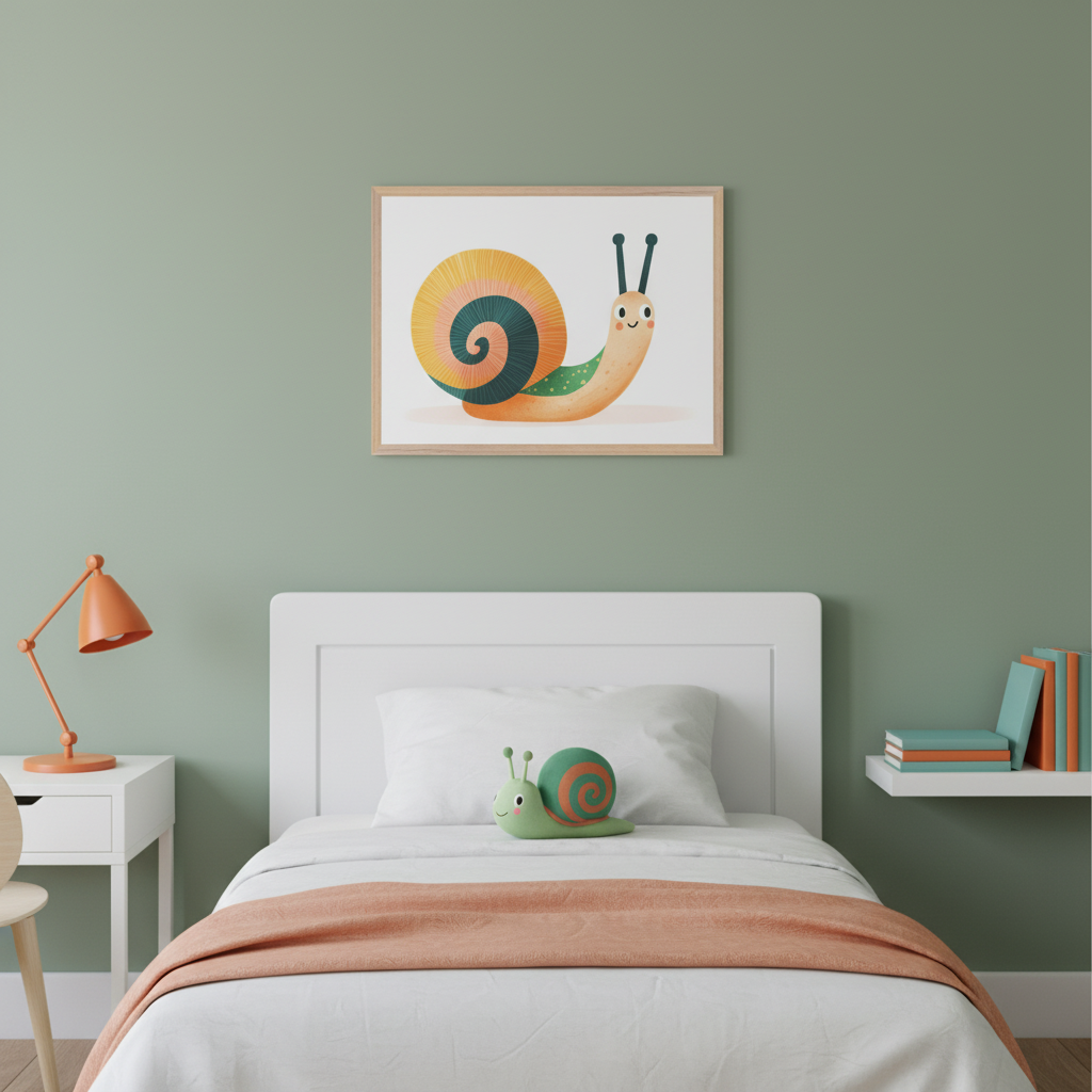 Modern kid's bedroom with a white bed and headboard, nightstand, and floating shelf. A framed illustration of a cartoon snail with a spiral shell in orange, green, and yellow hangs centered above the bed.