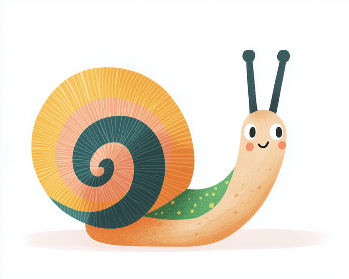 A cheerful cartoon snail with a vibrant orange and green spiral shell and a smiling face, set against a plain white background.