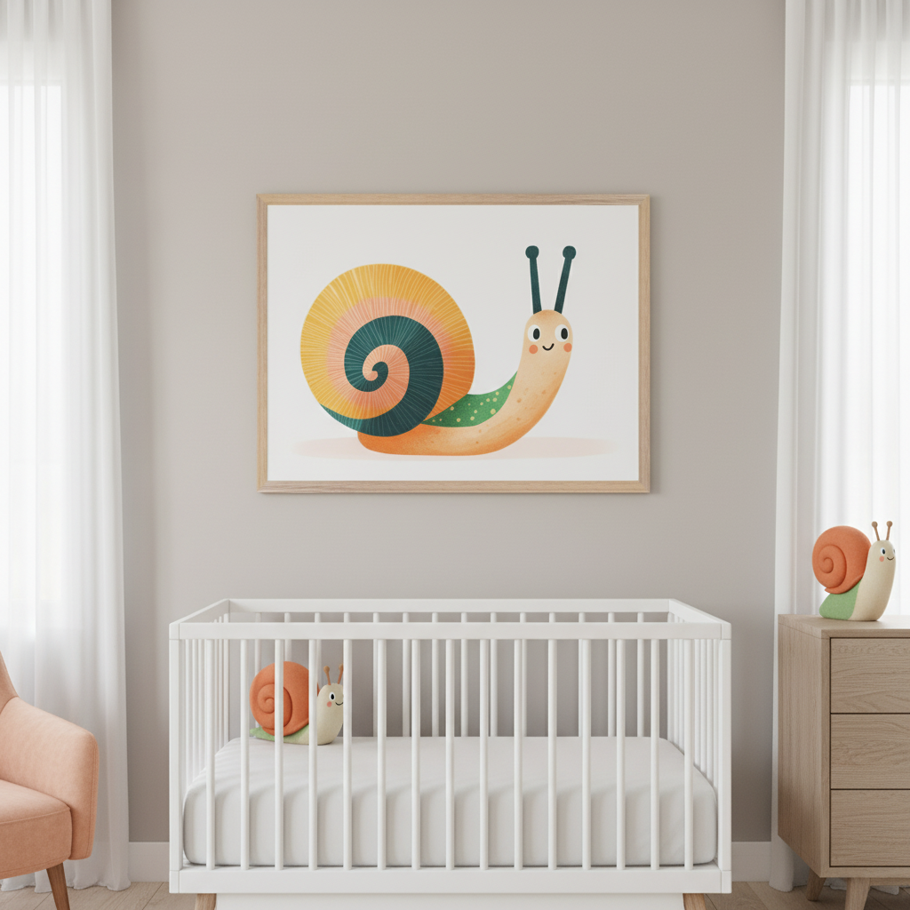 Modern nursery with a white crib, a light wood dresser, and a peach armchair. A large framed print of a cartoon-style happy snail with a colorful shell hangs above the crib. Snail plush toys are in the crib and on the dresser.