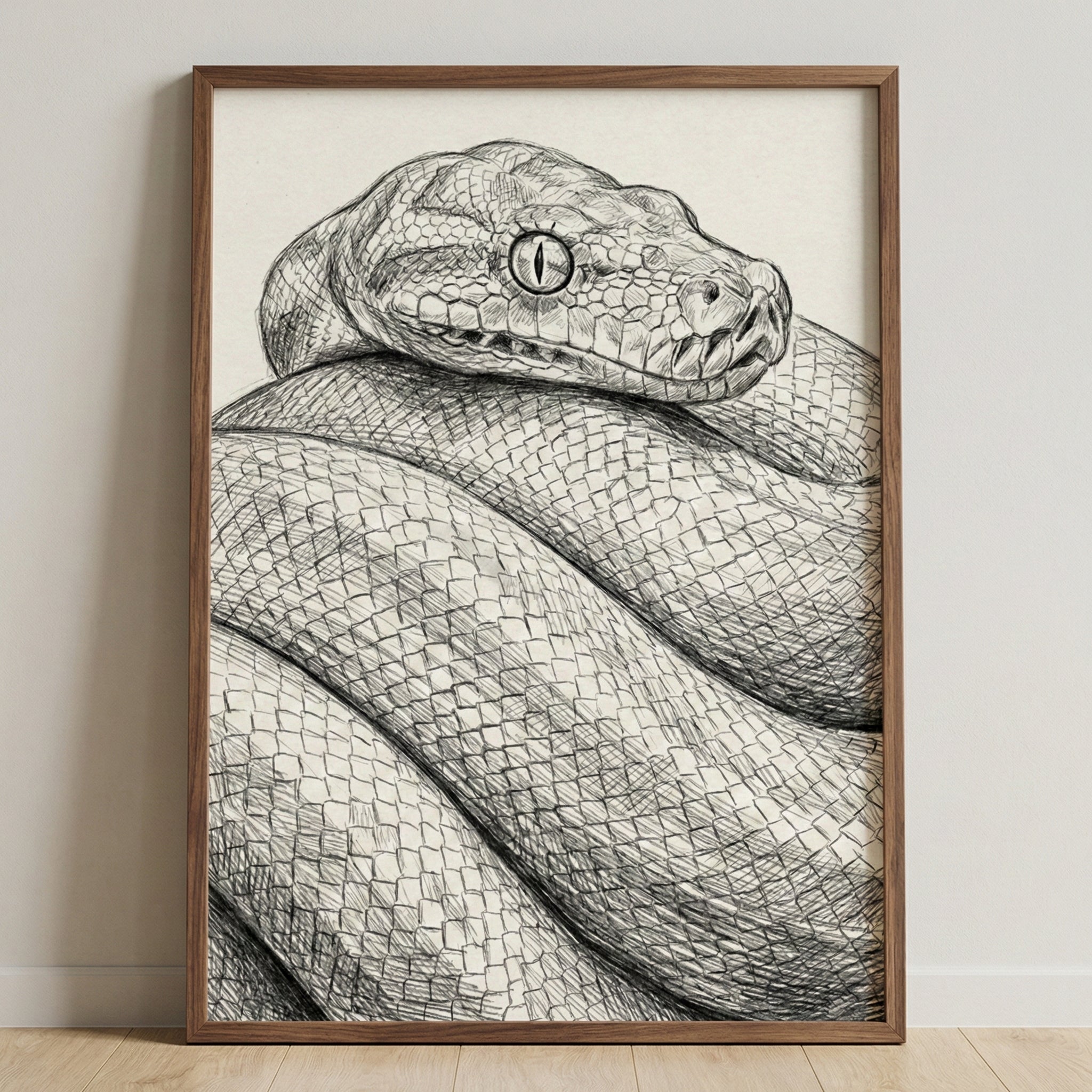 A detailed monochromatic sketch of a snake with its head resting on its coiled body, showcasing intricate scale patterns and an intense eye. The cross-hatched drawing is presented in a simple wooden frame hanging on a neutral-toned wall.