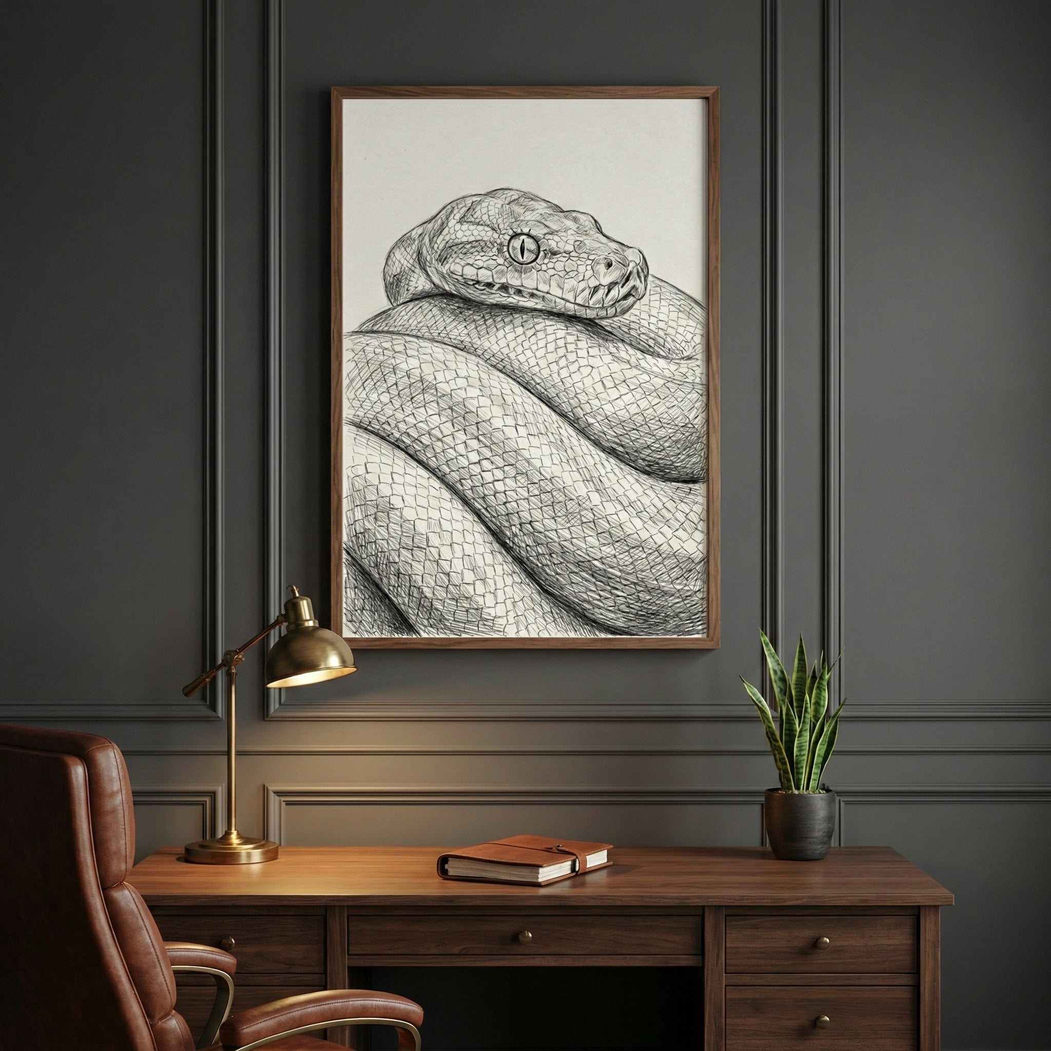 A framed black and white sketch of a coiled snake with detailed scales is centered on a dark gray wall with classic paneling. Beneath it sits a dark wood desk featuring a brass desk lamp casting a warm glow, a leather-bound journal, and a small potted plant. A brown leather chair is partially visible on the left side of the frame.