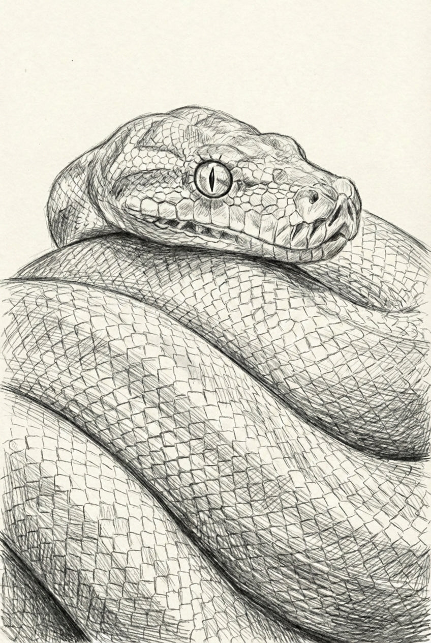 Close-up pencil illustration of a snake coiled tightly with its head resting on top, showcasing textured scales and a piercing, slit-pupil eye.
