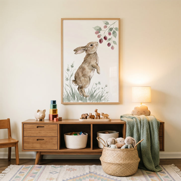 Cozy nursery scene with a framed watercolor illustration of a rabbit reaching up toward hanging berries above a wooden cabinet filled with toys, baskets, and a soft blanket under warm lighting.
