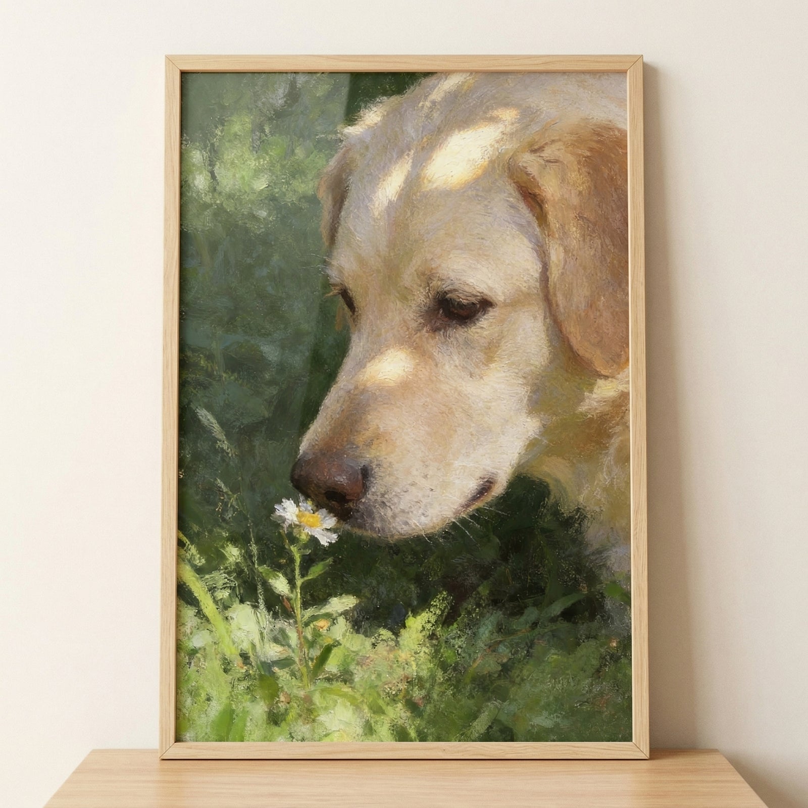 Framed painting of a yellow labrador gently sniffing a small white flower in a soft green meadow setting. Warm light and delicate brushstrokes create a peaceful intimate moment that adds a calming nature inspired feel to the space.