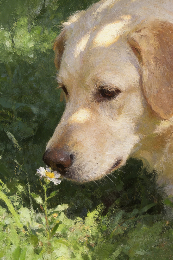 An impressionistic artwork depicting a close-up of a light-colored dog, possibly a retriever, sniffing a small white wildflower. The dog’s head is dappled with bright sunlight and soft shadows, rendered with thick, visible brushstrokes. Its gentle dark eye and dark brown nose are focused on the delicate flower with a yellow center. The surrounding background consists of lush, deep green foliage in a soft-focus style, creating a peaceful and serene natural scene.