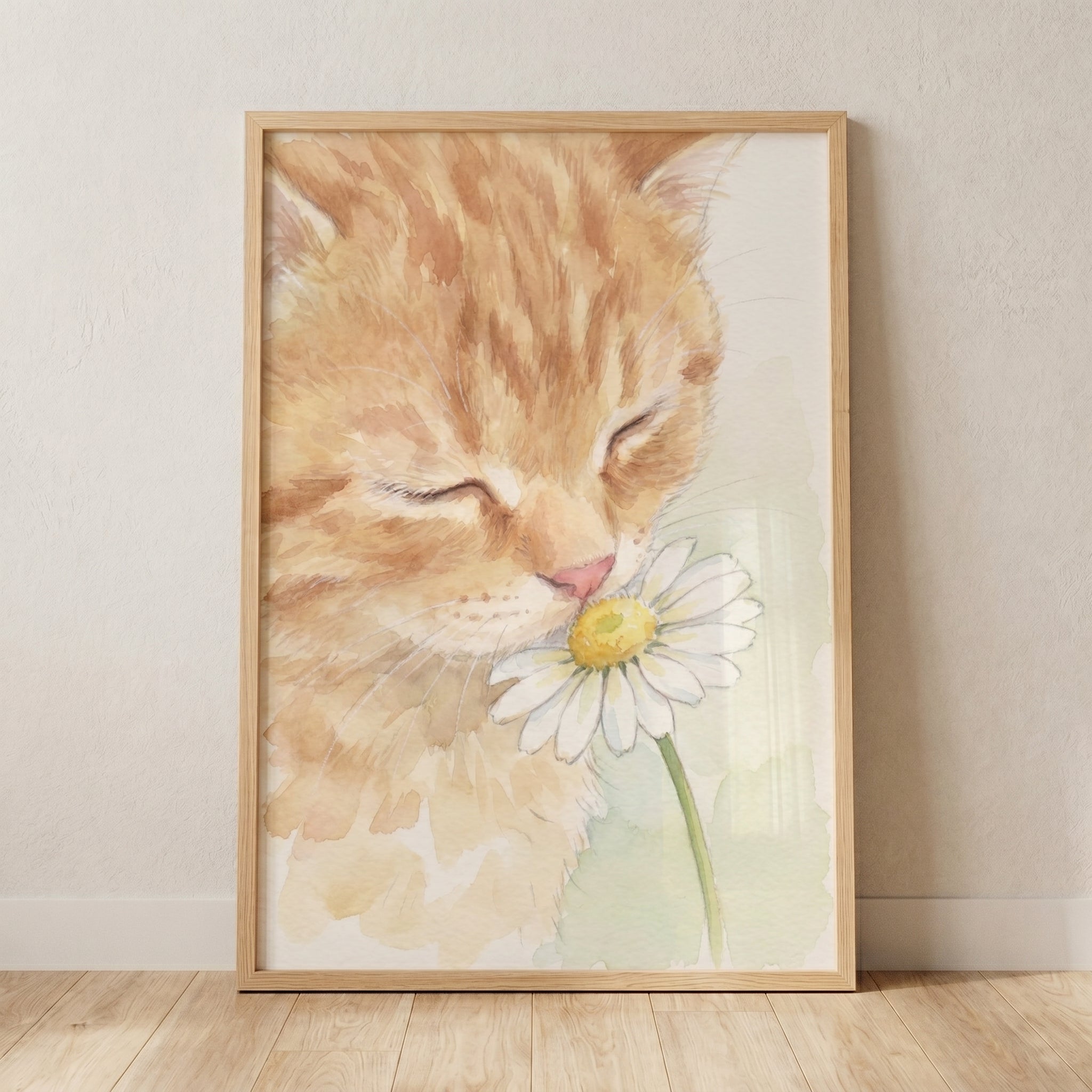 Sniffing Orange Cat Wall Art - Sweet Floral Whiskers