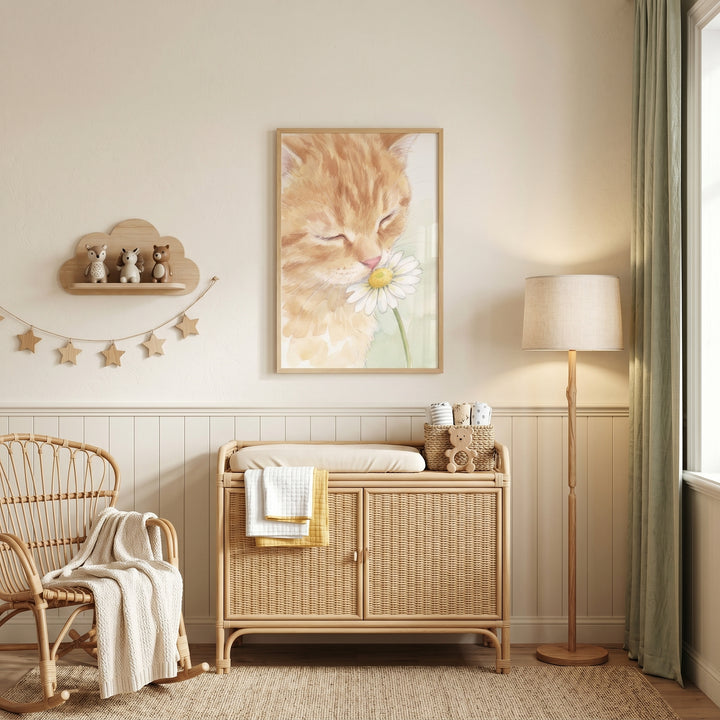 Neutral nursery with sniffing orange cat wall art, a rattan cabinet, rocking chair, floor lamp, and a cloud shelf.