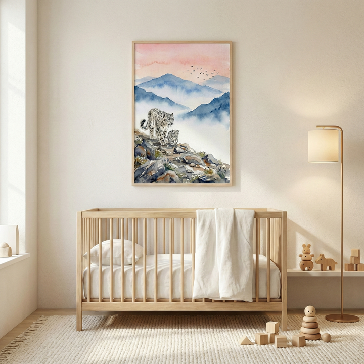 A cozy nursery features a wooden crib with white bedding and a soft blanket draped over the side. Above the crib hangs a framed painting of a snow leopard and cub on a rocky mountain landscape with a pink and blue sky. A floor lamp and wooden toys add warmth to the room's neutral decor.